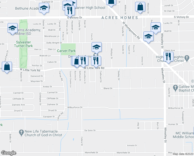 map of restaurants, bars, coffee shops, grocery stores, and more near 6810 Covington Drive in Houston