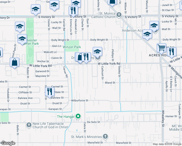 map of restaurants, bars, coffee shops, grocery stores, and more near 6810 Mcwilliams Drive in Houston