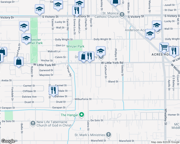 map of restaurants, bars, coffee shops, grocery stores, and more near 6810 Mcwilliams Drive in Houston