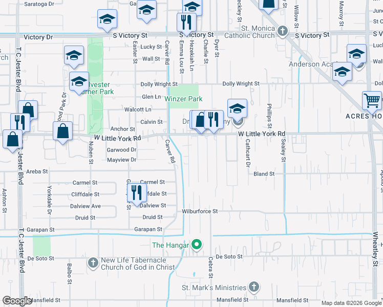map of restaurants, bars, coffee shops, grocery stores, and more near 6809 Ezzard Charles Lane in Houston