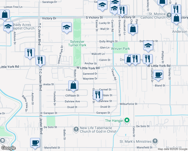 map of restaurants, bars, coffee shops, grocery stores, and more near 2509 Garwood Drive in Houston