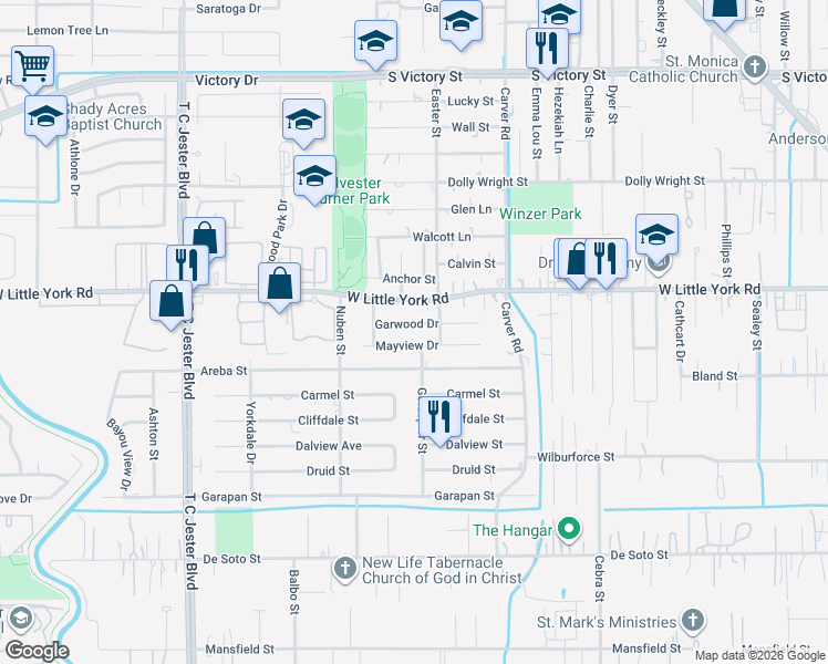 map of restaurants, bars, coffee shops, grocery stores, and more near 2509 Garwood Drive in Houston