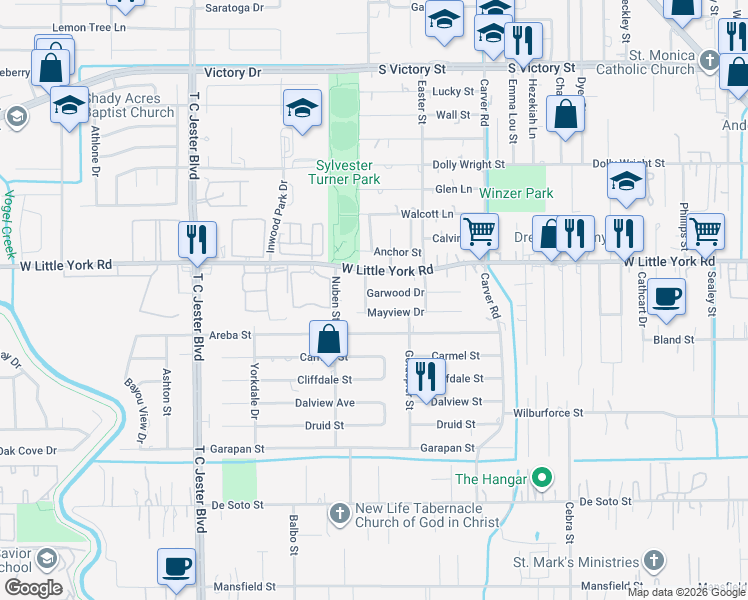 map of restaurants, bars, coffee shops, grocery stores, and more near 2614 Mayview Drive in Houston