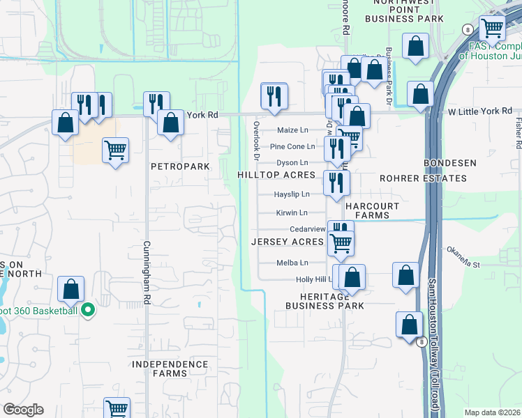 map of restaurants, bars, coffee shops, grocery stores, and more near 11130 Kirwin Lane in Houston