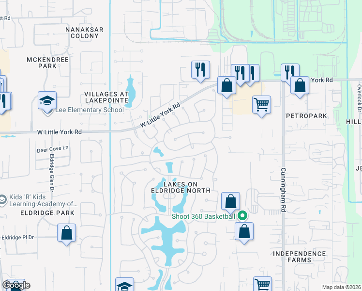 map of restaurants, bars, coffee shops, grocery stores, and more near 12110 Arcadia Bend Lane in Houston