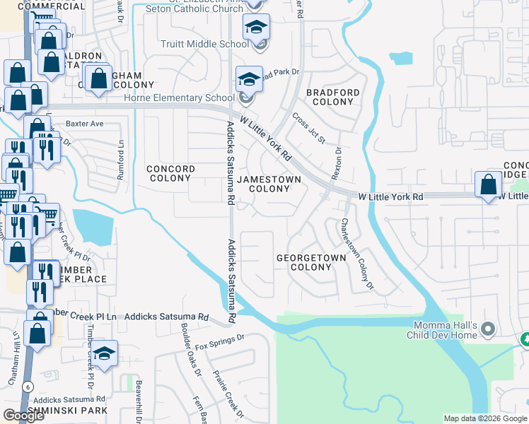 map of restaurants, bars, coffee shops, grocery stores, and more near 14830 Tilley Street in Houston