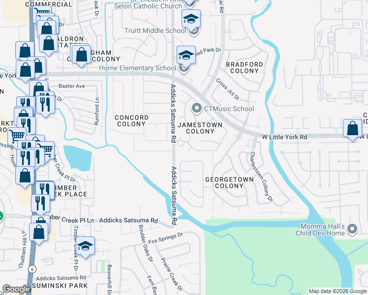 map of restaurants, bars, coffee shops, grocery stores, and more near 6058 Addicks Satsuma Road in Houston