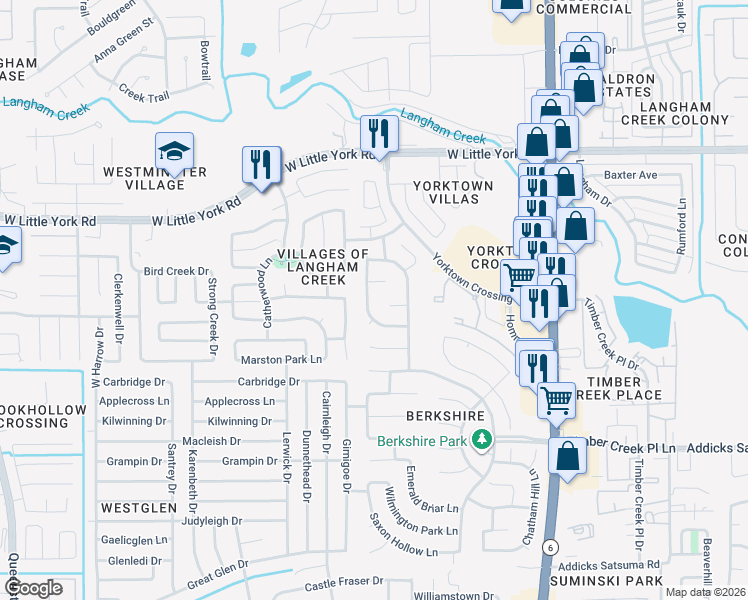 map of restaurants, bars, coffee shops, grocery stores, and more near 16111 Fleethaven Lane in Houston