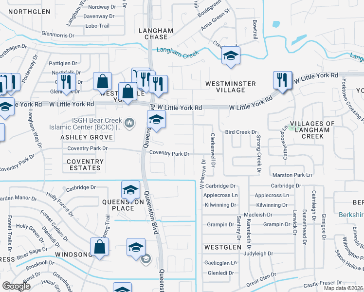 map of restaurants, bars, coffee shops, grocery stores, and more near 17139 Plaistow court in Houston