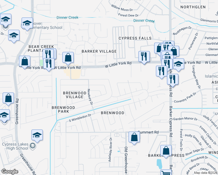 map of restaurants, bars, coffee shops, grocery stores, and more near 6231 Billinsgate Drive in Katy