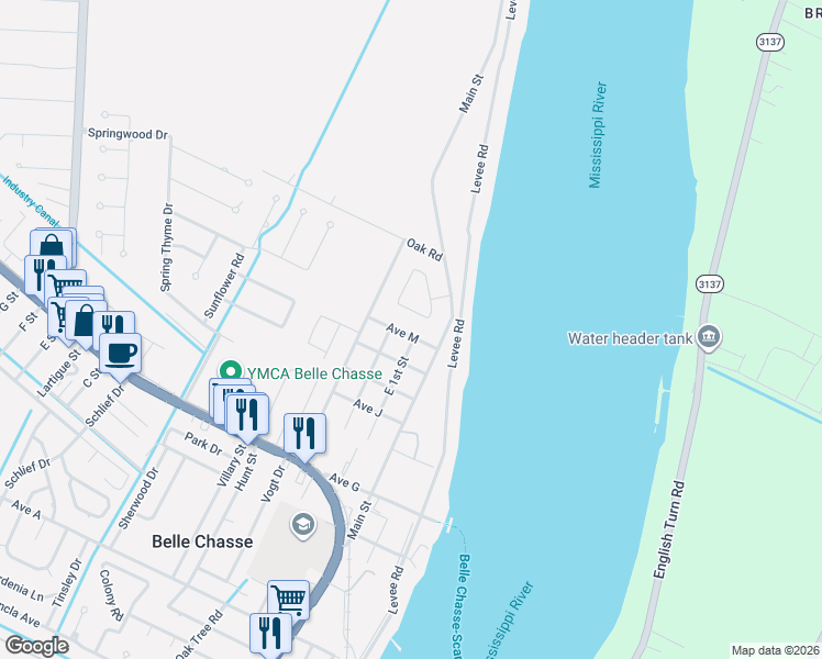 map of restaurants, bars, coffee shops, grocery stores, and more near 208 Avenue M in Belle Chasse