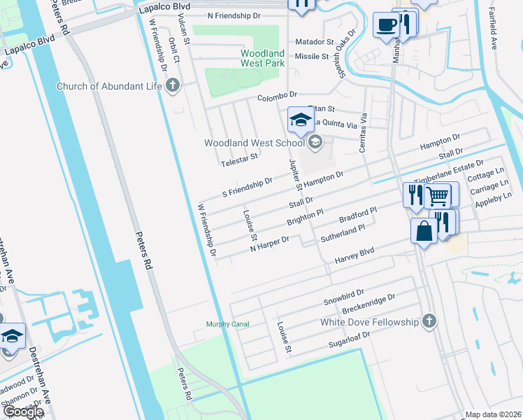 map of restaurants, bars, coffee shops, grocery stores, and more near 2248 Stall Drive in Harvey