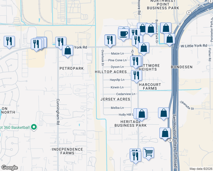 map of restaurants, bars, coffee shops, grocery stores, and more near 11130 Kirwin Lane in Houston