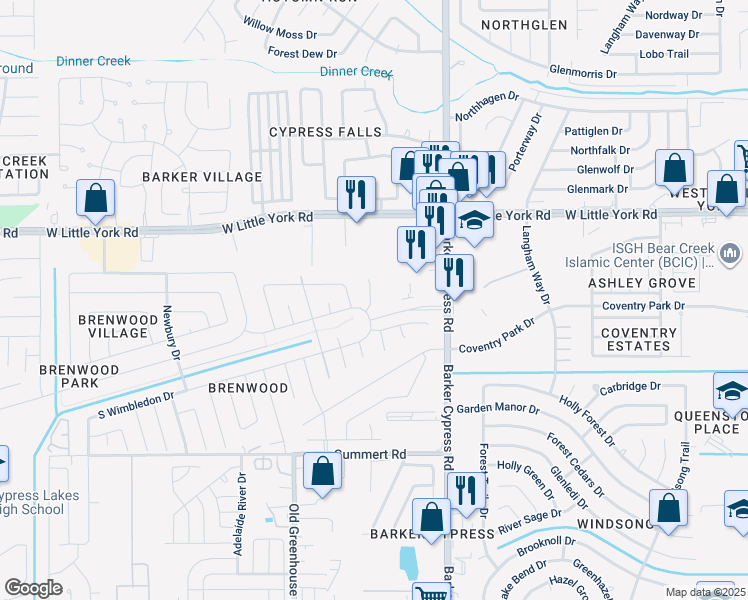 map of restaurants, bars, coffee shops, grocery stores, and more near 6226 Brenwood Circle in Katy