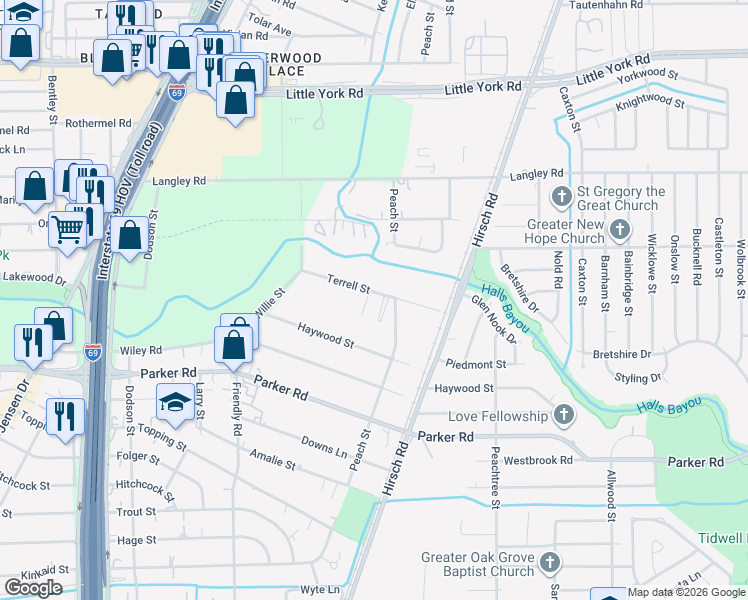 map of restaurants, bars, coffee shops, grocery stores, and more near 4710 Terrell Street in Houston