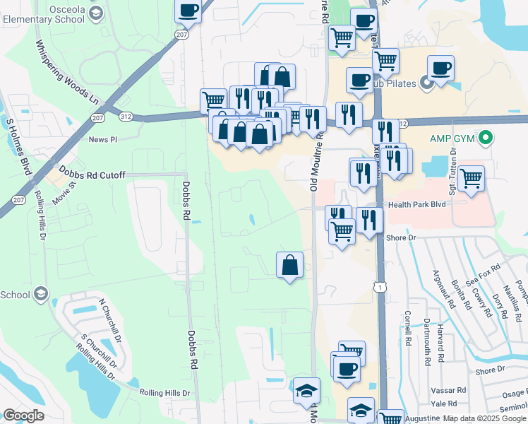 map of restaurants, bars, coffee shops, grocery stores, and more near 2001 Old Moultrie Road in St. Augustine