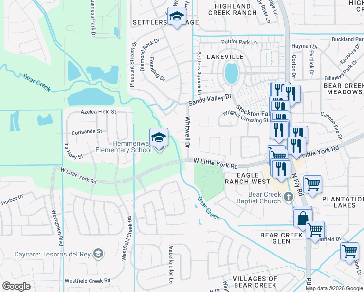 map of restaurants, bars, coffee shops, grocery stores, and more near 21011 Granite Creek Court in Katy