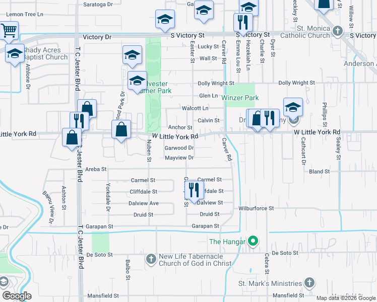 map of restaurants, bars, coffee shops, grocery stores, and more near 2509 Garwood Drive in Houston