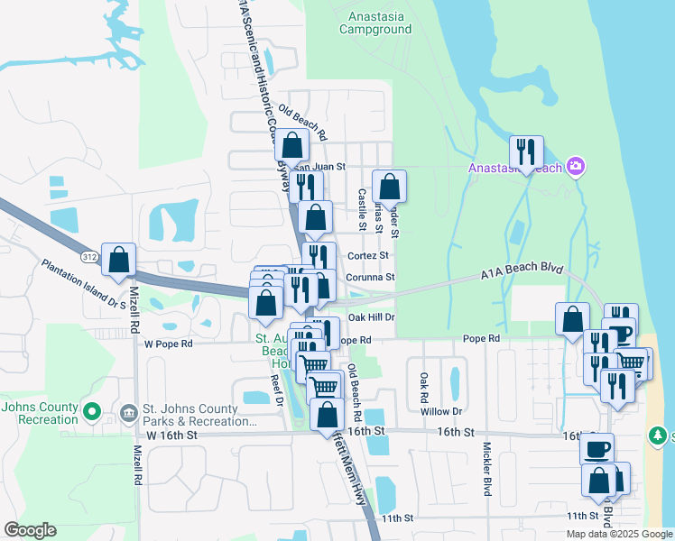 map of restaurants, bars, coffee shops, grocery stores, and more near 1480 County Road A1A in St. Augustine