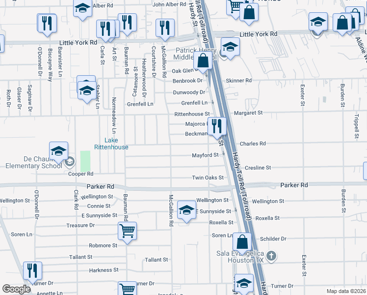 map of restaurants, bars, coffee shops, grocery stores, and more near 806 Charles Road in Houston