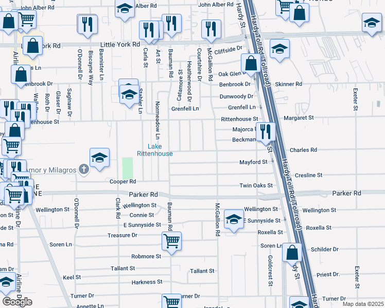 map of restaurants, bars, coffee shops, grocery stores, and more near 506 Charles Road in Houston