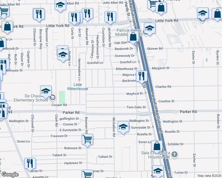 map of restaurants, bars, coffee shops, grocery stores, and more near 618 Charles Road in Houston