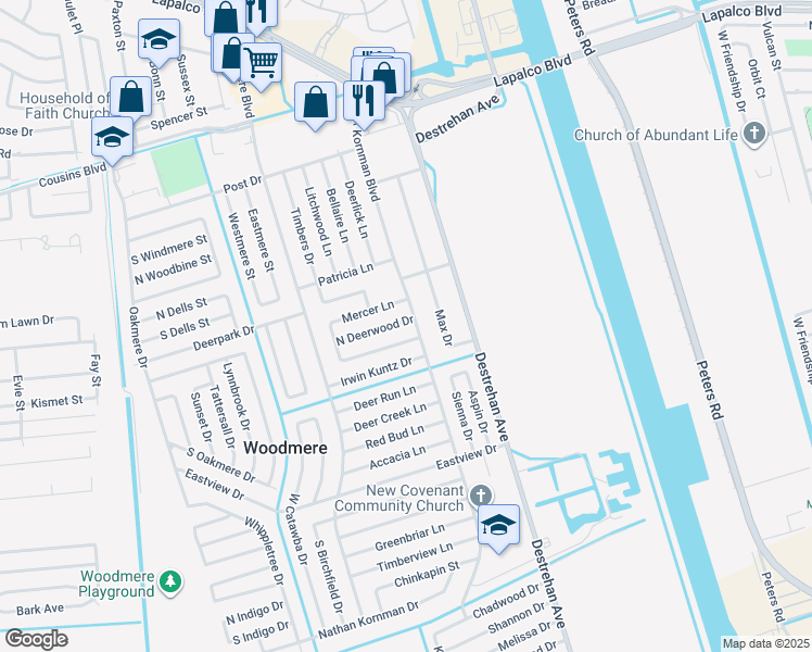 map of restaurants, bars, coffee shops, grocery stores, and more near 2453 Alex Kornman Boulevard in Harvey