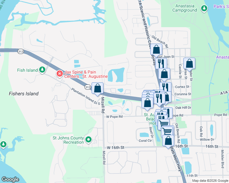 map of restaurants, bars, coffee shops, grocery stores, and more near 135 Islander Drive in St. Augustine