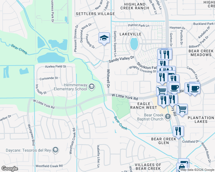 map of restaurants, bars, coffee shops, grocery stores, and more near 21011 Granite Creek Court in Katy
