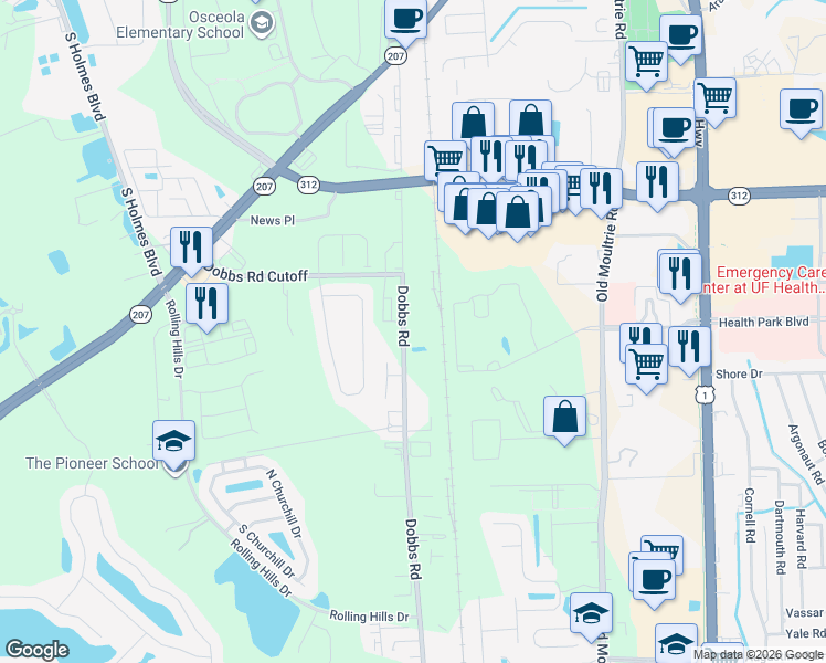 map of restaurants, bars, coffee shops, grocery stores, and more near 2050 Dobbs Road in St. Augustine
