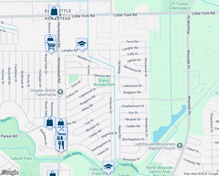 map of restaurants, bars, coffee shops, grocery stores, and more near 7439 Boggess Road in Houston