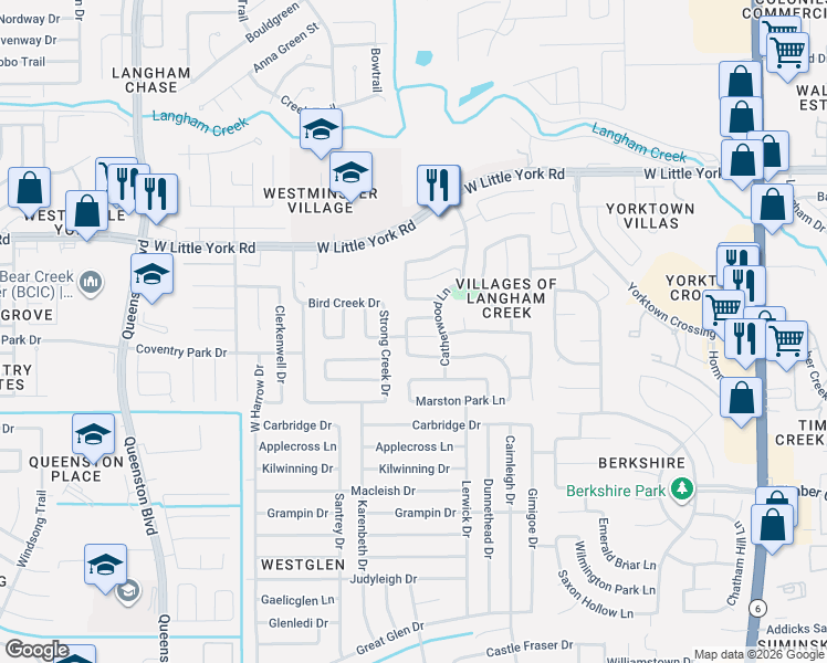 map of restaurants, bars, coffee shops, grocery stores, and more near 16823 Brooktondale Court in Houston