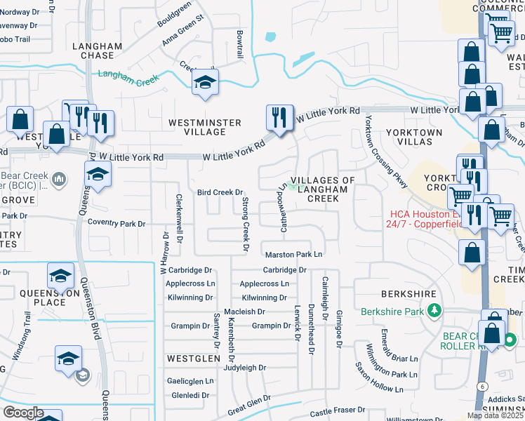 map of restaurants, bars, coffee shops, grocery stores, and more near 16823 Brooktondale Court in Houston