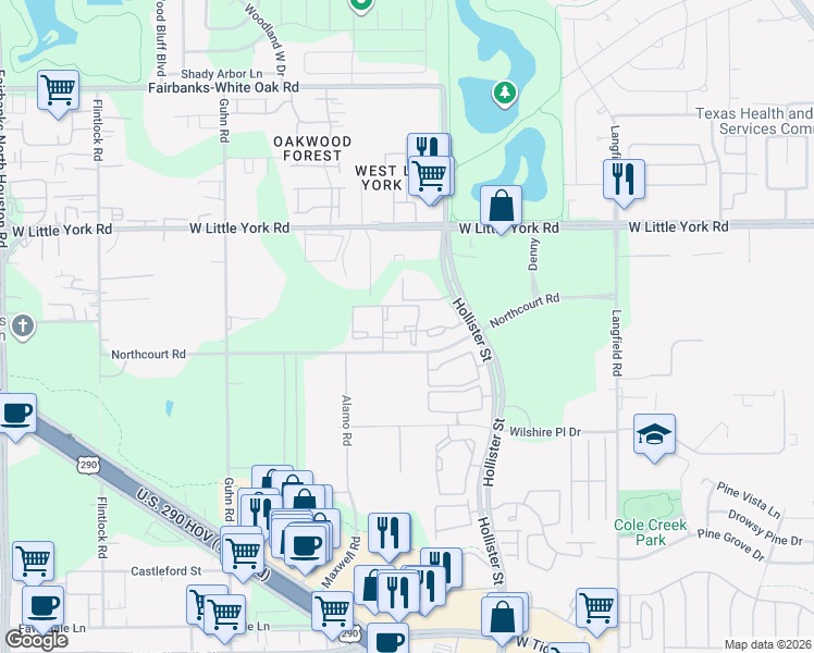 map of restaurants, bars, coffee shops, grocery stores, and more near 7055 Hollister Street in Houston