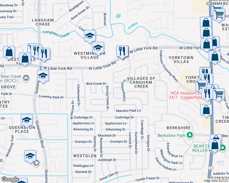 map of restaurants, bars, coffee shops, grocery stores, and more near 16823 Brooktondale Court in Houston
