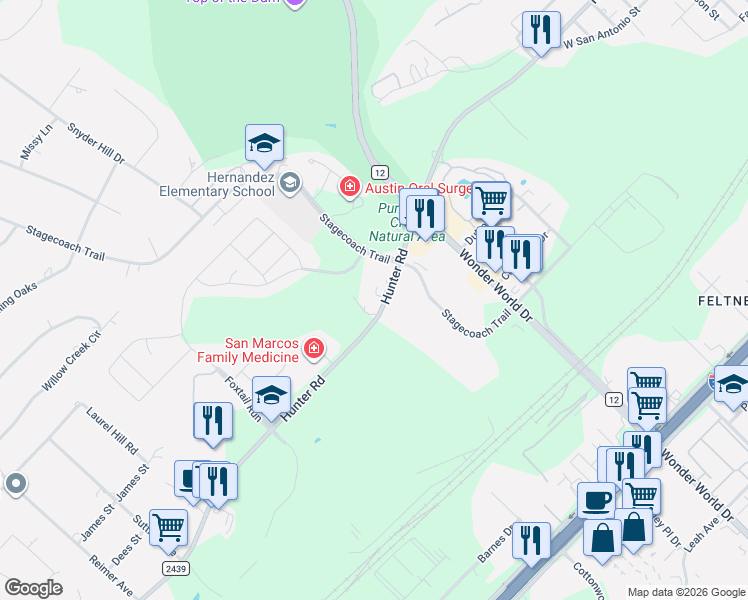 map of restaurants, bars, coffee shops, grocery stores, and more near 2214 Hunter Road in San Marcos