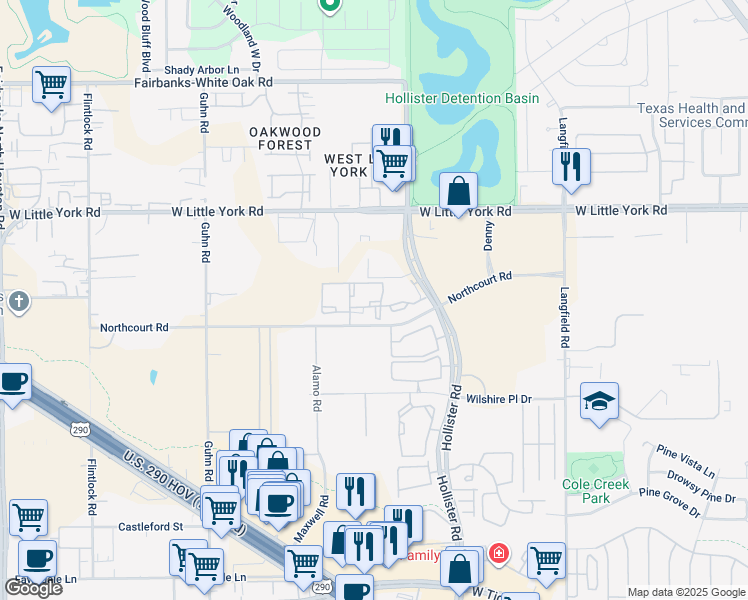 map of restaurants, bars, coffee shops, grocery stores, and more near 7055 Hollister Street in Houston