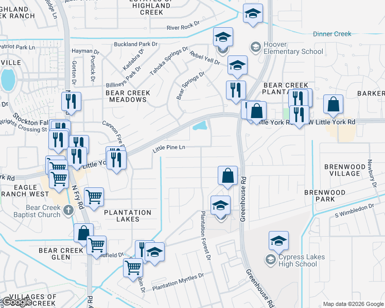 map of restaurants, bars, coffee shops, grocery stores, and more near 19451 Otter Trail Court in Katy