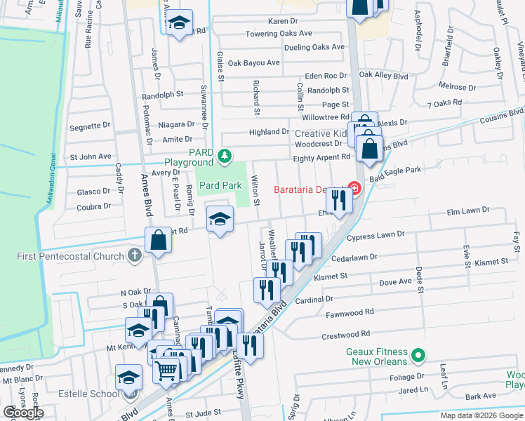 map of restaurants, bars, coffee shops, grocery stores, and more near 5220 Ehret Road in Marrero