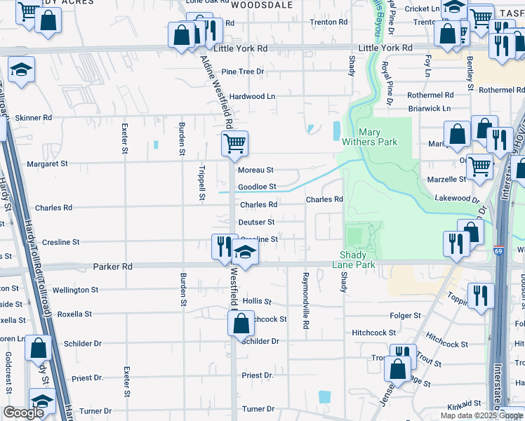 map of restaurants, bars, coffee shops, grocery stores, and more near 2415 Deutser Street in Houston