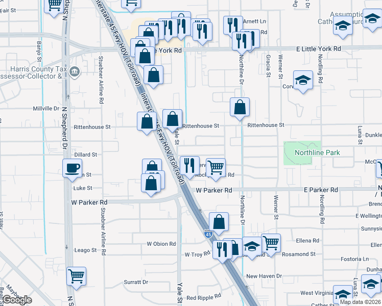 map of restaurants, bars, coffee shops, grocery stores, and more near 243 West Twickenham Trail in Houston