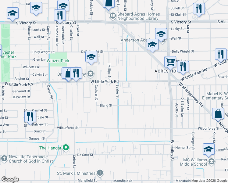 map of restaurants, bars, coffee shops, grocery stores, and more near 1711 West Little York Road in Houston