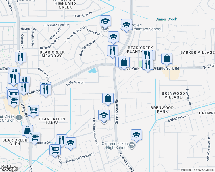 map of restaurants, bars, coffee shops, grocery stores, and more near 19331 Otter Trail Court in Katy