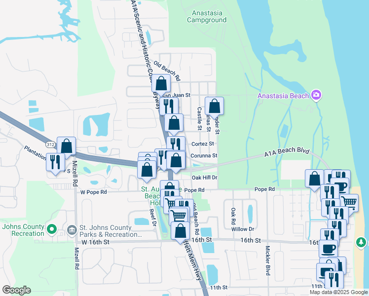 map of restaurants, bars, coffee shops, grocery stores, and more near 1480 County Road A1A in St. Augustine