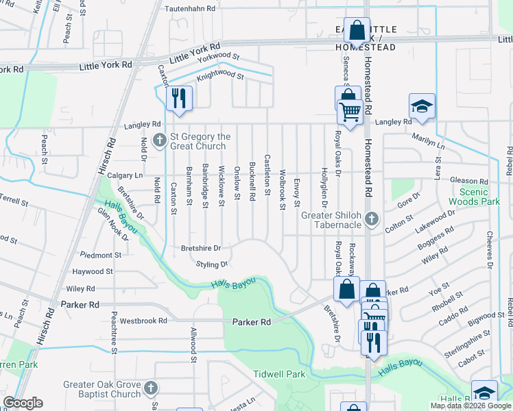 map of restaurants, bars, coffee shops, grocery stores, and more near 10409 Castleton Street in Houston