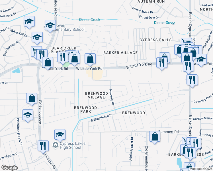 map of restaurants, bars, coffee shops, grocery stores, and more near North Lyford Drive in Katy