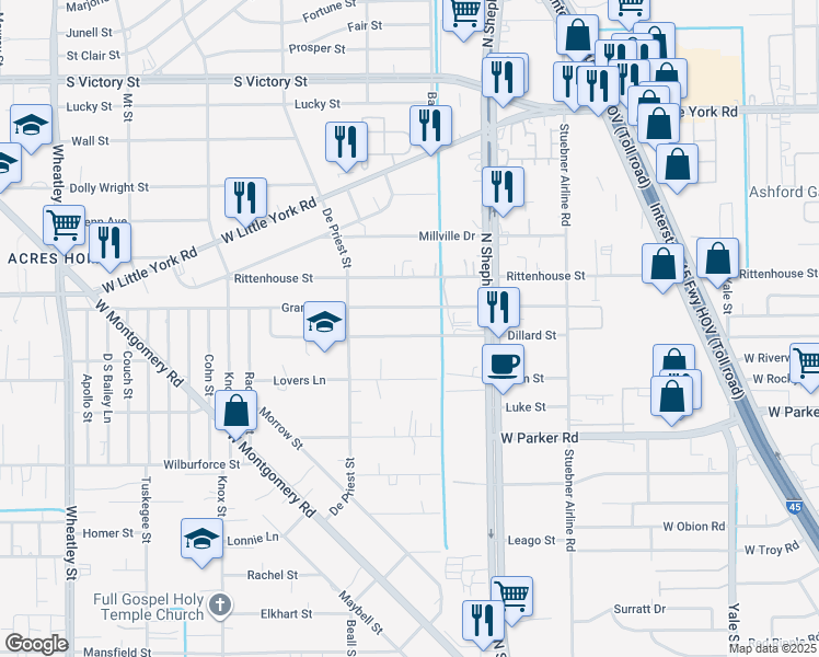 map of restaurants, bars, coffee shops, grocery stores, and more near 757 Dillard Street in Houston