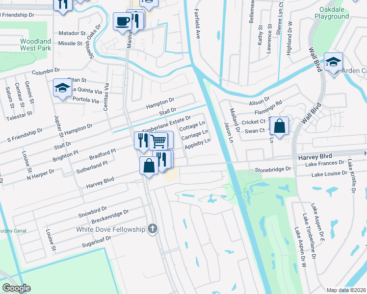 map of restaurants, bars, coffee shops, grocery stores, and more near 3296 Timberlane Way Drive in Harvey