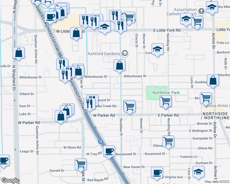 map of restaurants, bars, coffee shops, grocery stores, and more near 7001 Northline Drive in Houston