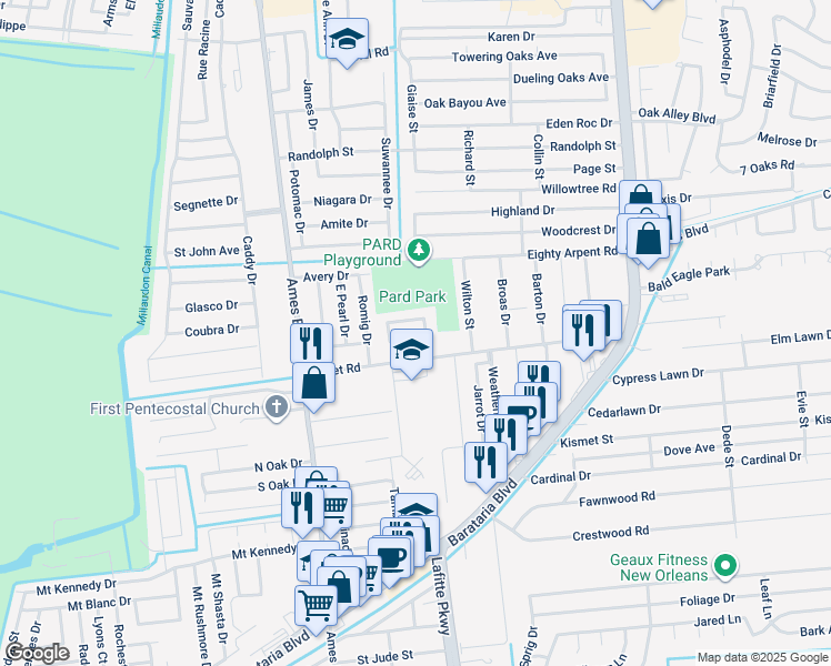 map of restaurants, bars, coffee shops, grocery stores, and more near 188 Ehret Place in Marrero